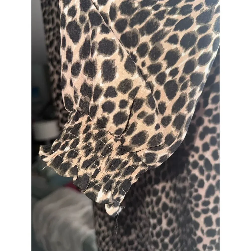 J.‎ Crew Women's Leopard Print Ruffle Neck Midi Dress Size 0 Brown